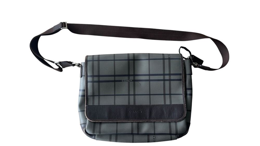 Vintage Coach Plaid Messenger Bag Crossbody Gray Black Leather Trim Unisex